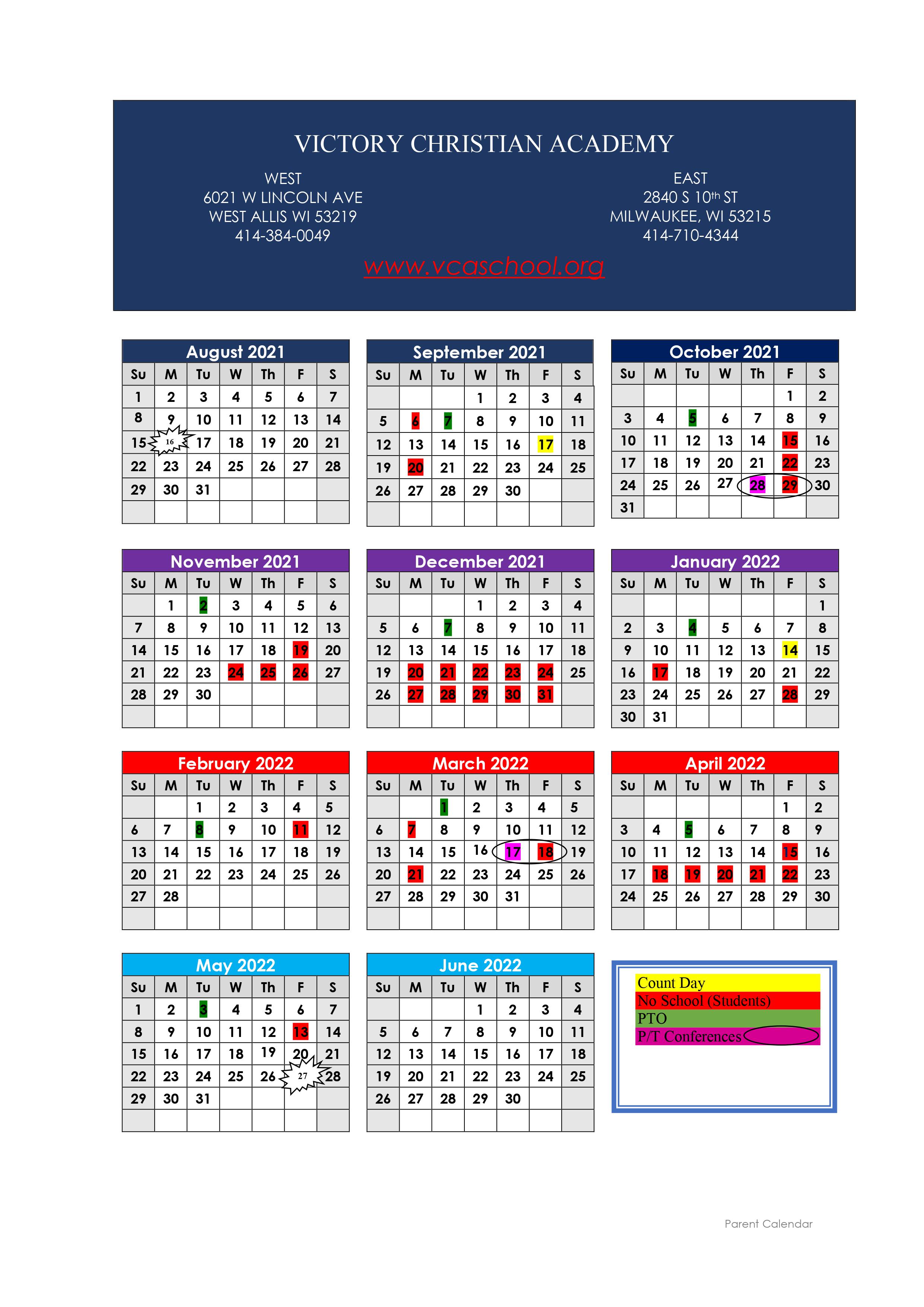 Calendar Victory Christian Academy
