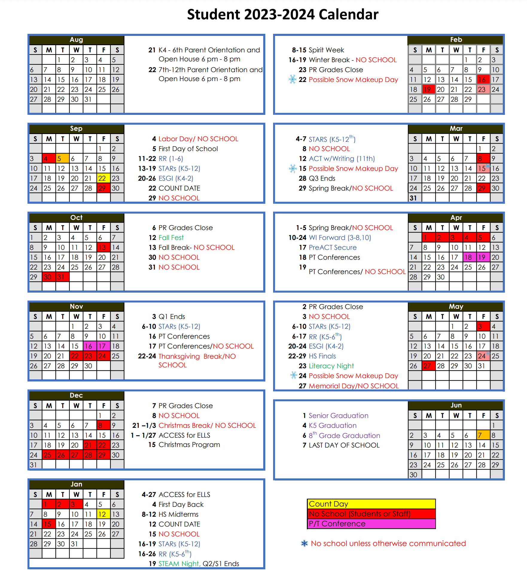 Calendar Victory Christian Academy